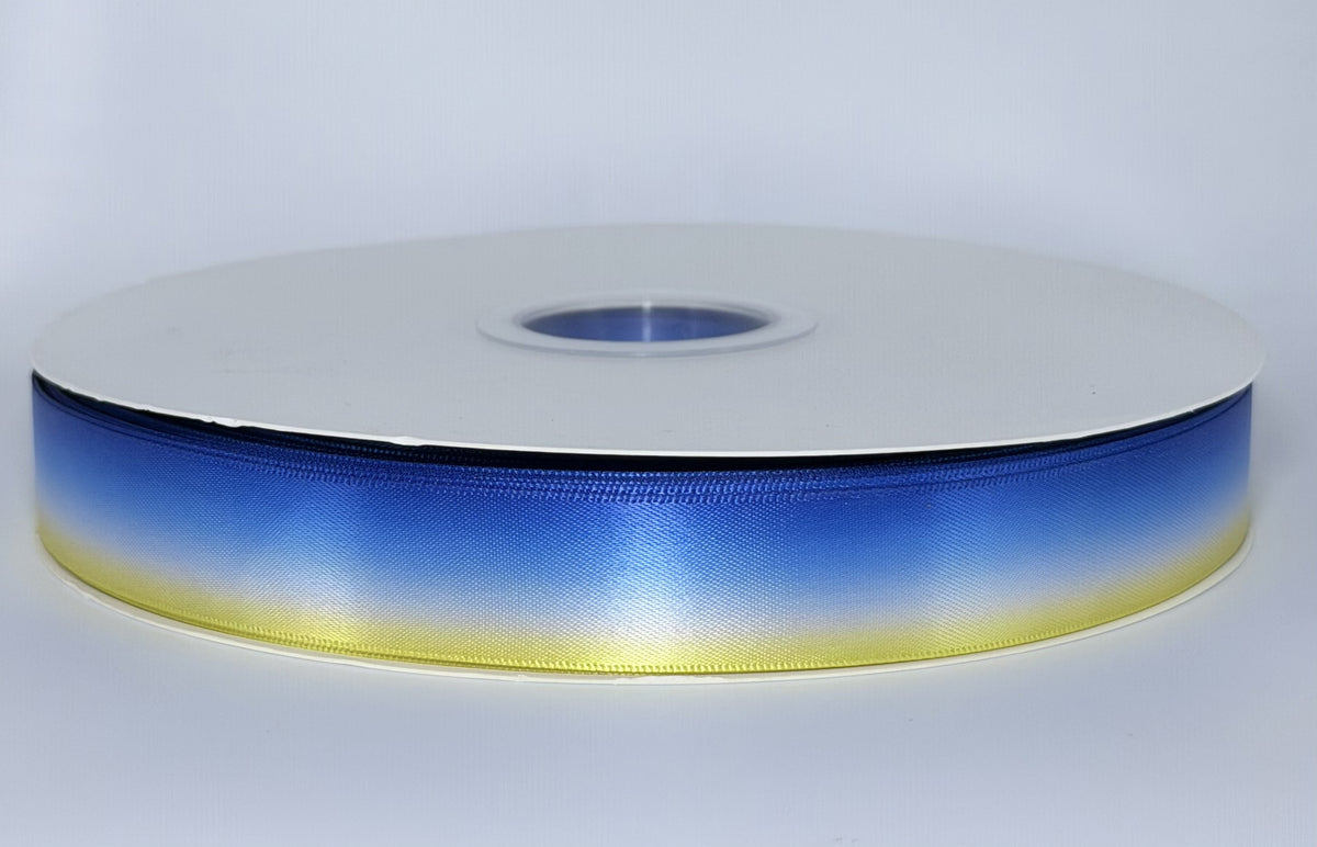 Actual Pacific Blue ribbon roll showing its blue to pale blue and yellow gradient