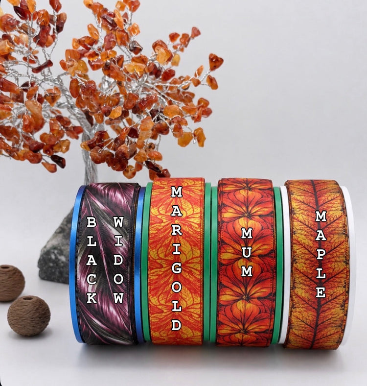 Fall Collection limited edition 22mm ribbons in Black Widow, Marigold, Mum, and Maple