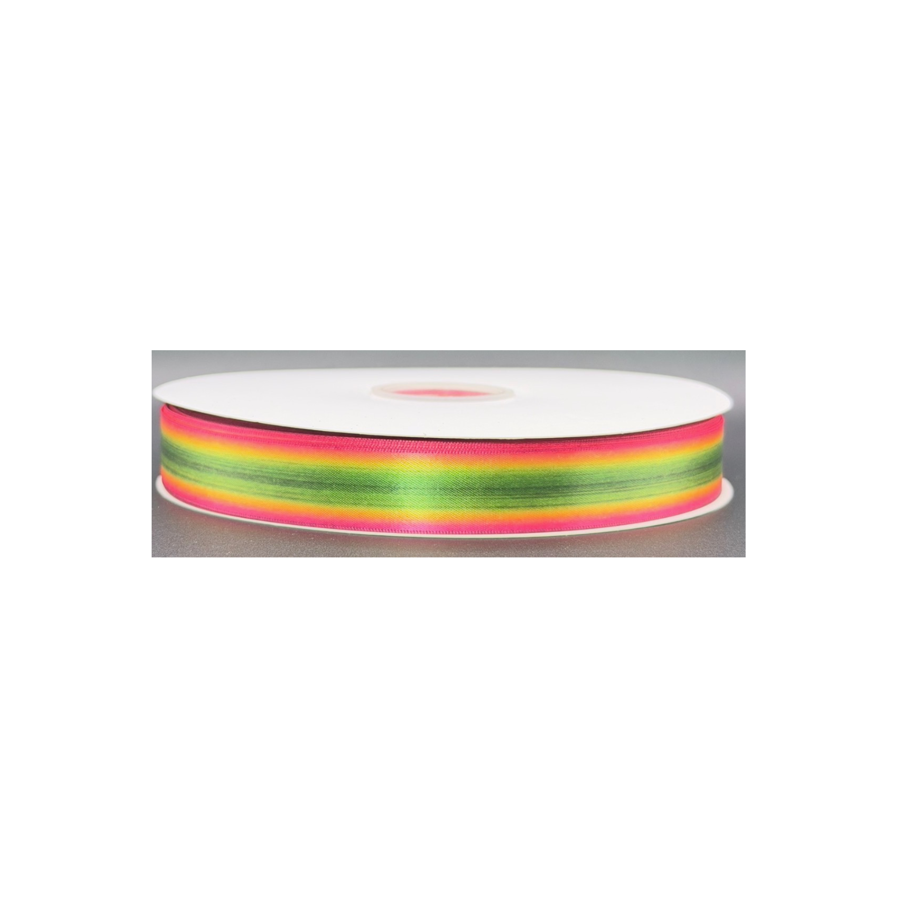 Bromeliad double-faced satin ribbon in green and pink tropical leaf pattern designed in Hawaii.