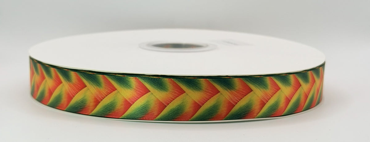Heliconia green, red, and yellow botanical double-faced satin ribbon by Rivan Ribbons