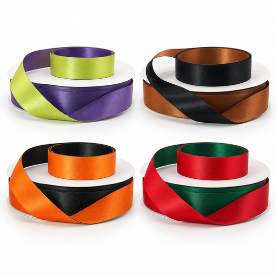 DuoTones reversible satin ribbon in lime and purple, chocolate brown and black, orange and black, and red and green.