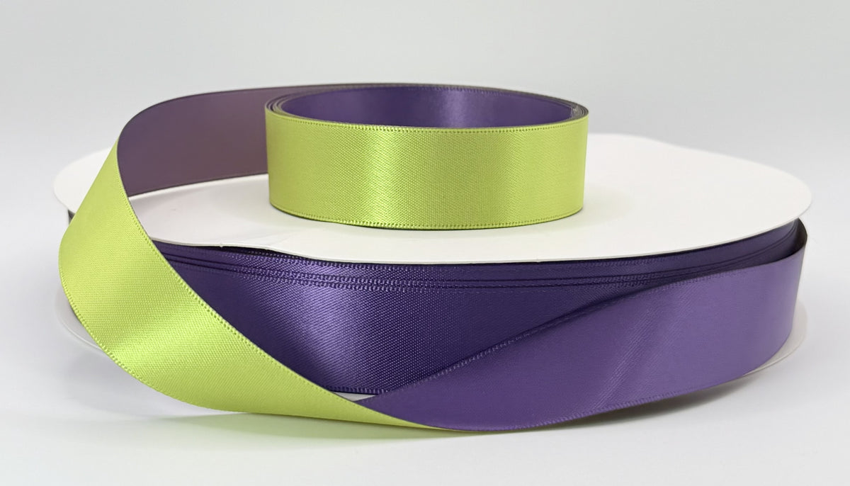 Mardi Gras DuoTones 7/8-inch satin ribbon in Purple and Lime Green