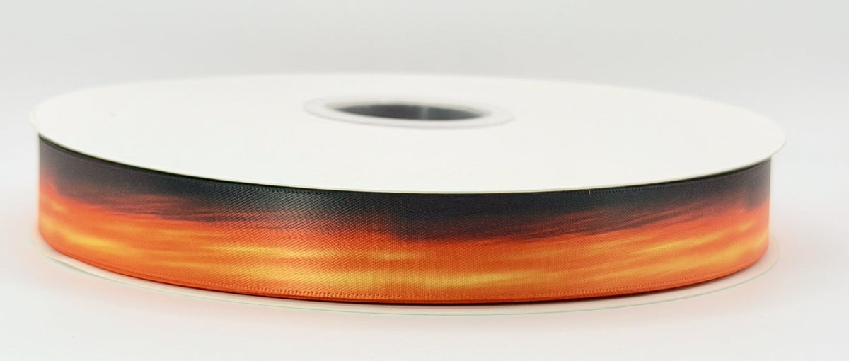 Magma ombre satin ribbon blending charcoal black, red, orange, and golden yellow