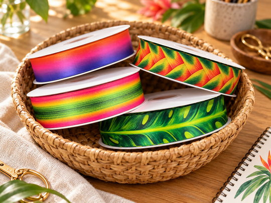 Four designer satin ribbon rolls in a woven basket on a creative craft desk