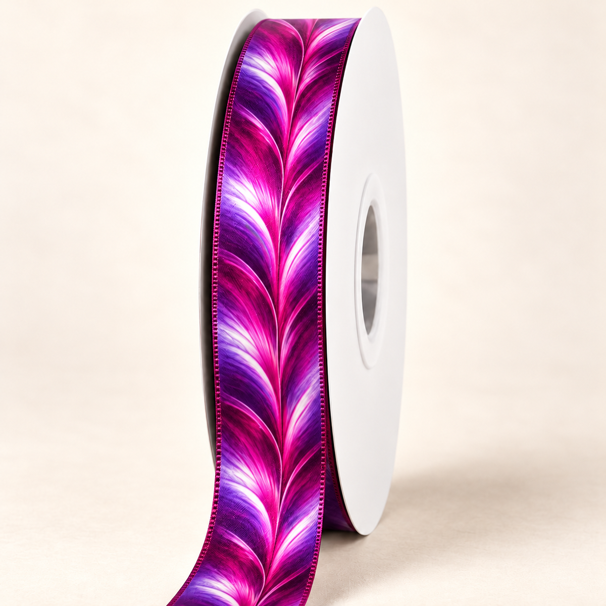 Amethyst Plumeria Double-Sided Satin Ribbon — 22 mm satin ribbon on a white roll against an ivory background