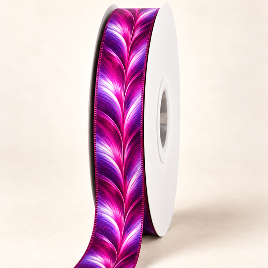 Amethyst Plumeria Double-Sided Satin Ribbon — 22 mm satin ribbon on a white roll against an ivory background