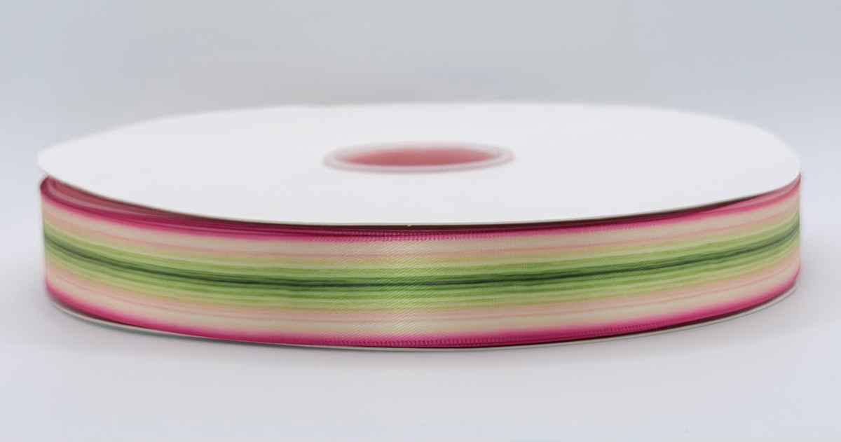 Actual Ballerina ribbon roll showing its plant-inspired pink, cream and green colors