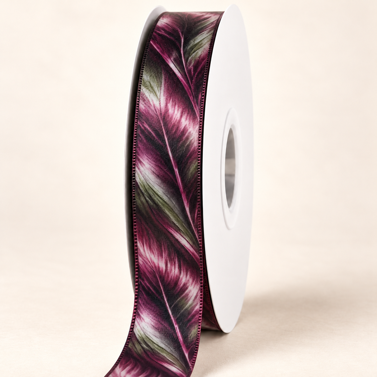 Black Widow Double-faced Satin Ribbon — 22 mm satin ribbon on a white roll against an ivory background