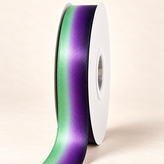 Borealis mint green and deep purple ombré satin ribbon on a white spool