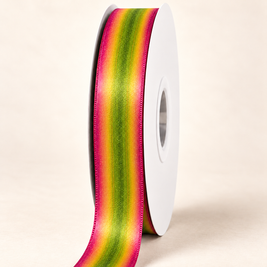 Bromeliad Double-Faced Satin Ribbon — 22 mm satin ribbon on a white roll against an ivory background