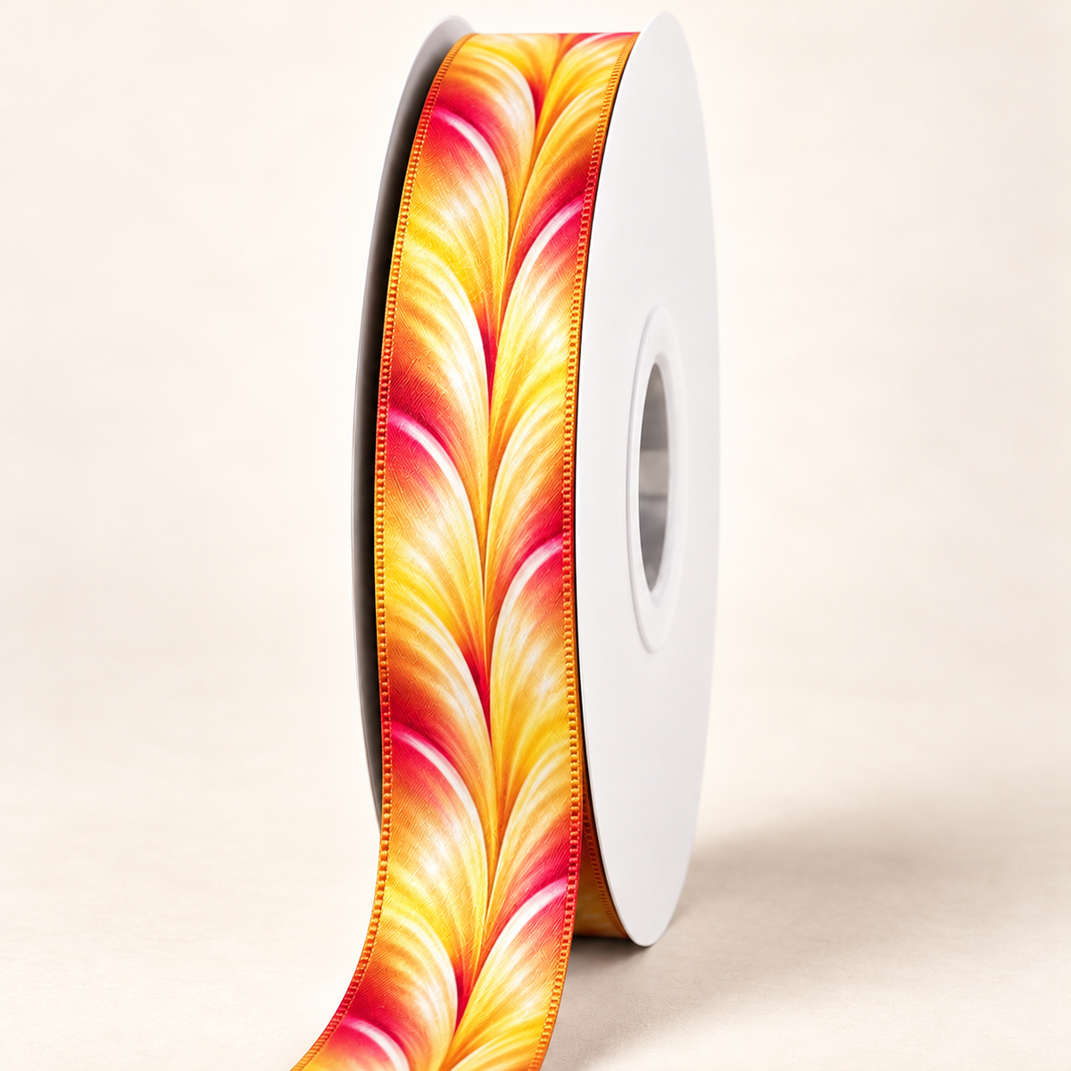 Golden Plumeria Double-Faced Satin Ribbon — 22 mm satin ribbon on a white roll against an ivory background