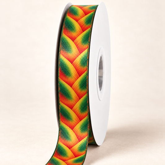 Heliconia -Double Faced Satin Ribbon — 22 mm satin ribbon on a white roll against an ivory background