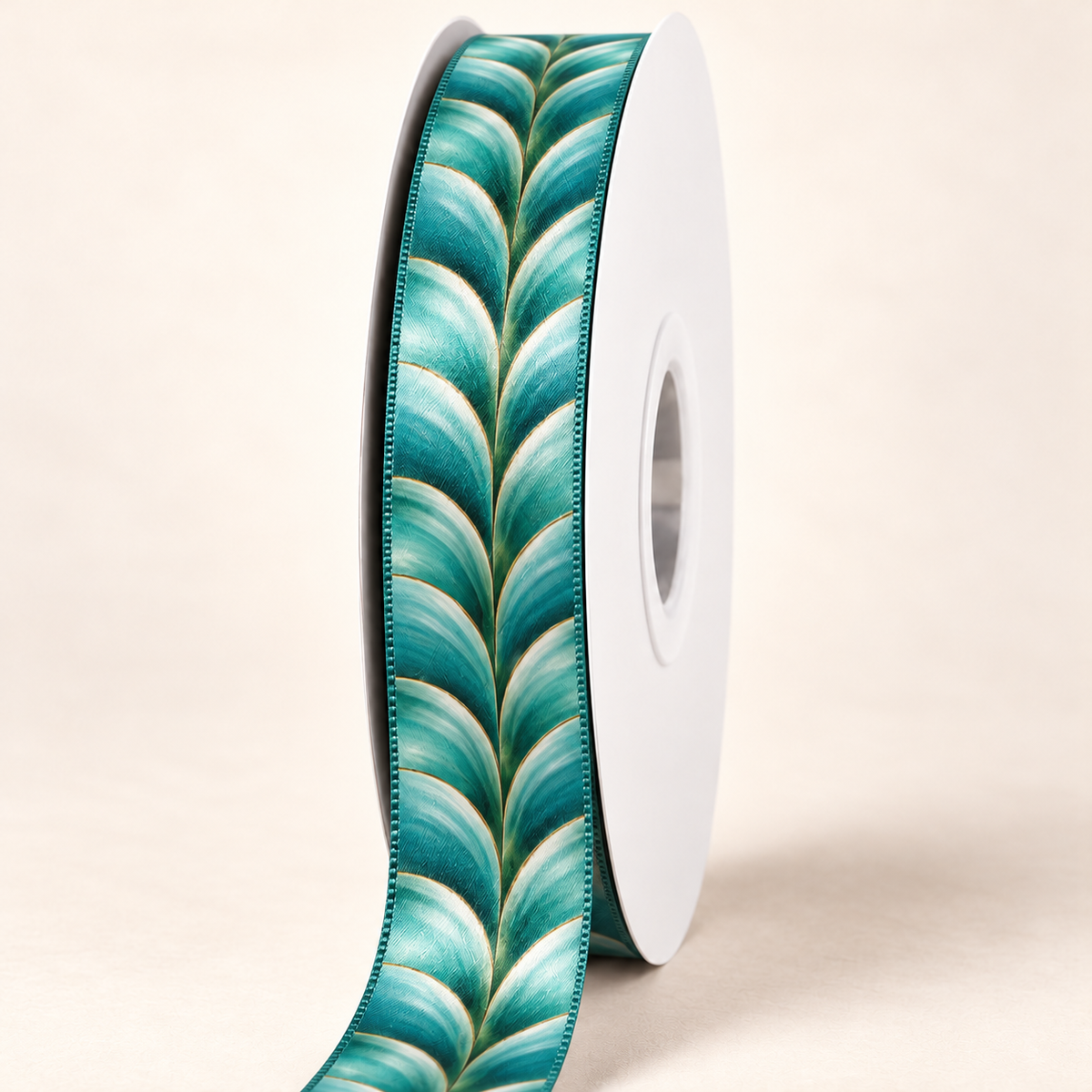 Jade Vine Double-Faced Satin Ribbon — 22 mm satin ribbon on a white roll against an ivory background