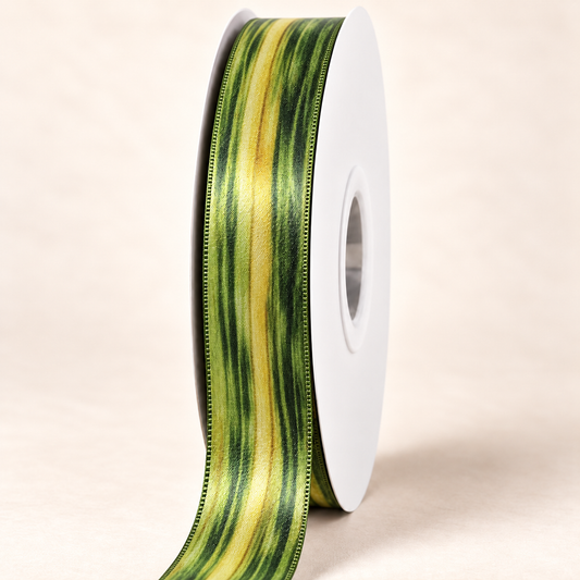 Ko satin ribbon on a white spool with forest green, olive green and golden yellow
