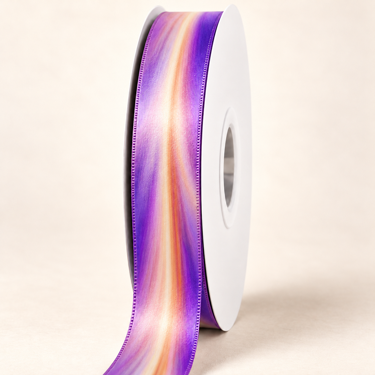 Lilac Plumeria — 22 mm satin ribbon on a white roll against an ivory background