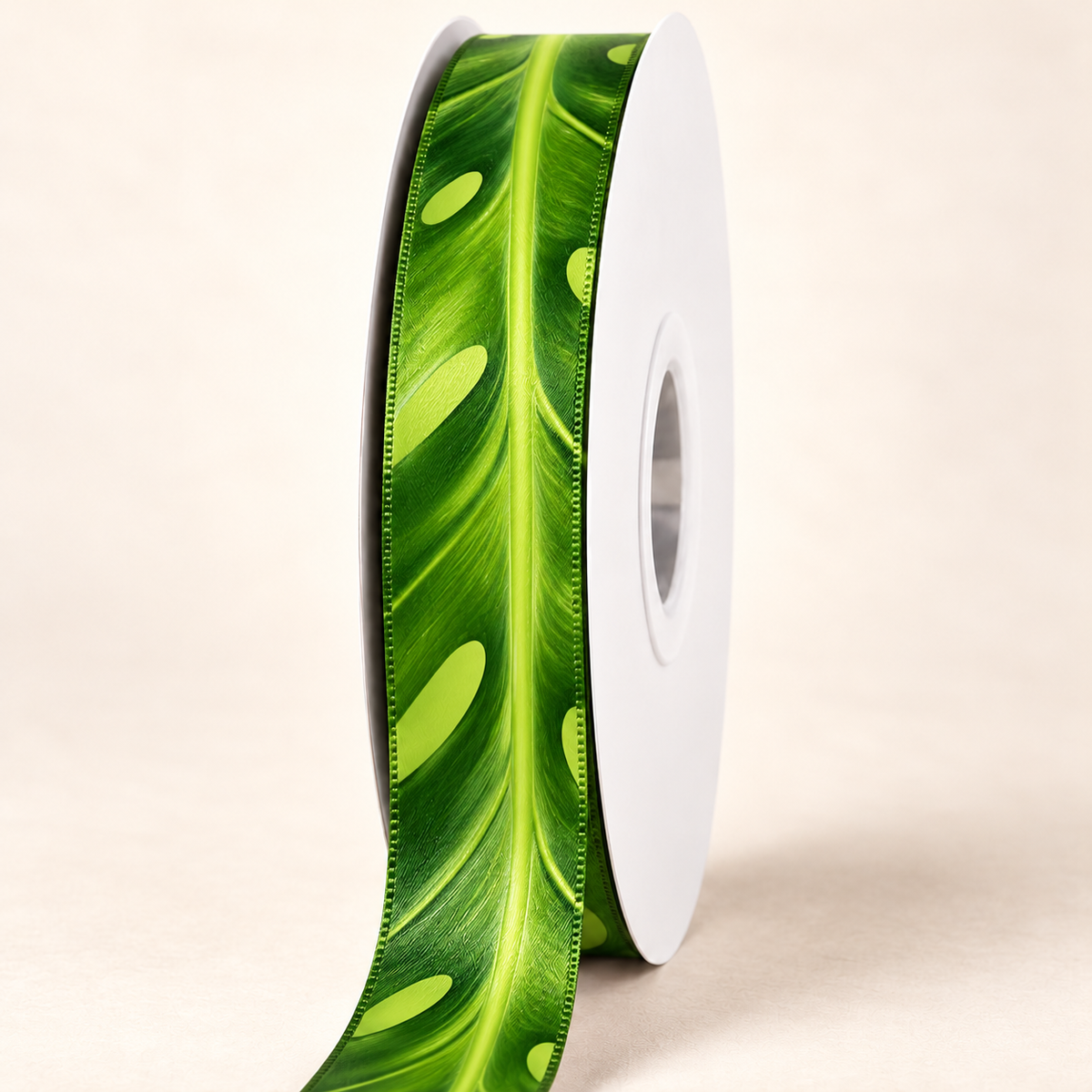 Monstera Green on Green Double-faced Satin Ribbon — 22 mm satin ribbon on a white roll against an ivory background