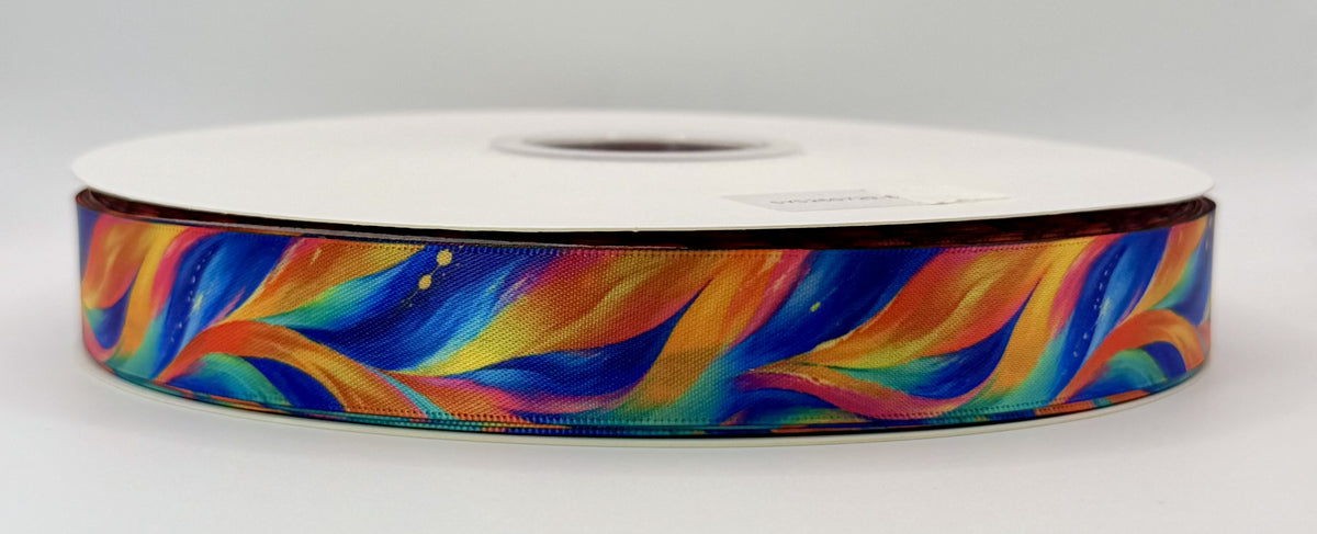 Actual Paradise ribbon roll showing its colorful tropical floral pattern