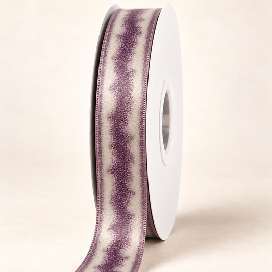 Plum Tiger Orchid - Double-Faced Satin Ribbon — 22 mm satin ribbon on a white roll against an ivory background