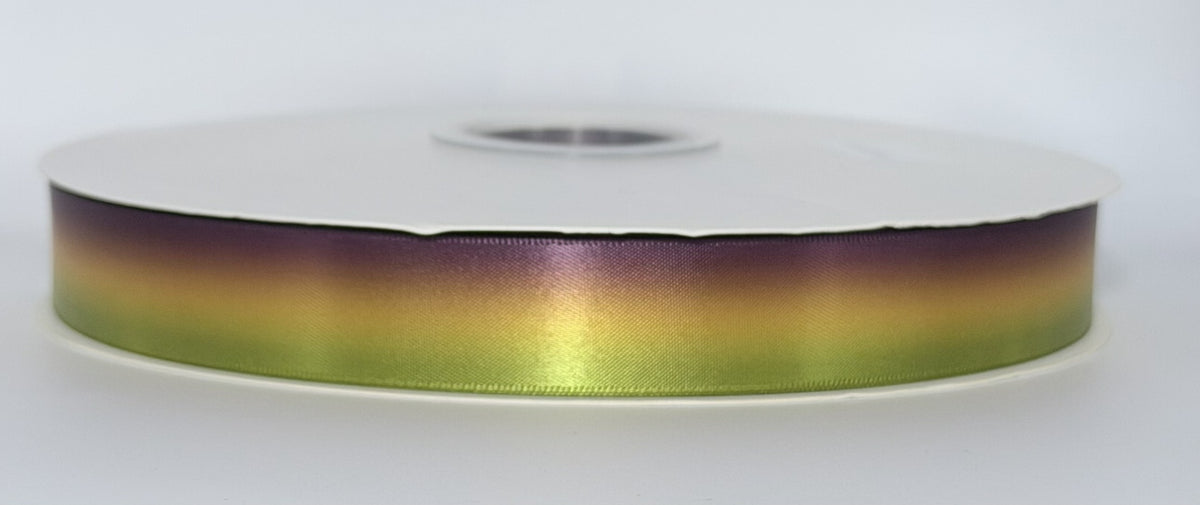 Actual Plumane ribbon roll showing plum purple, golden yellow and fresh green