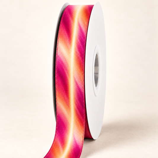 Fuchsia Plumeria — 22 mm satin ribbon on a white roll against an ivory background
