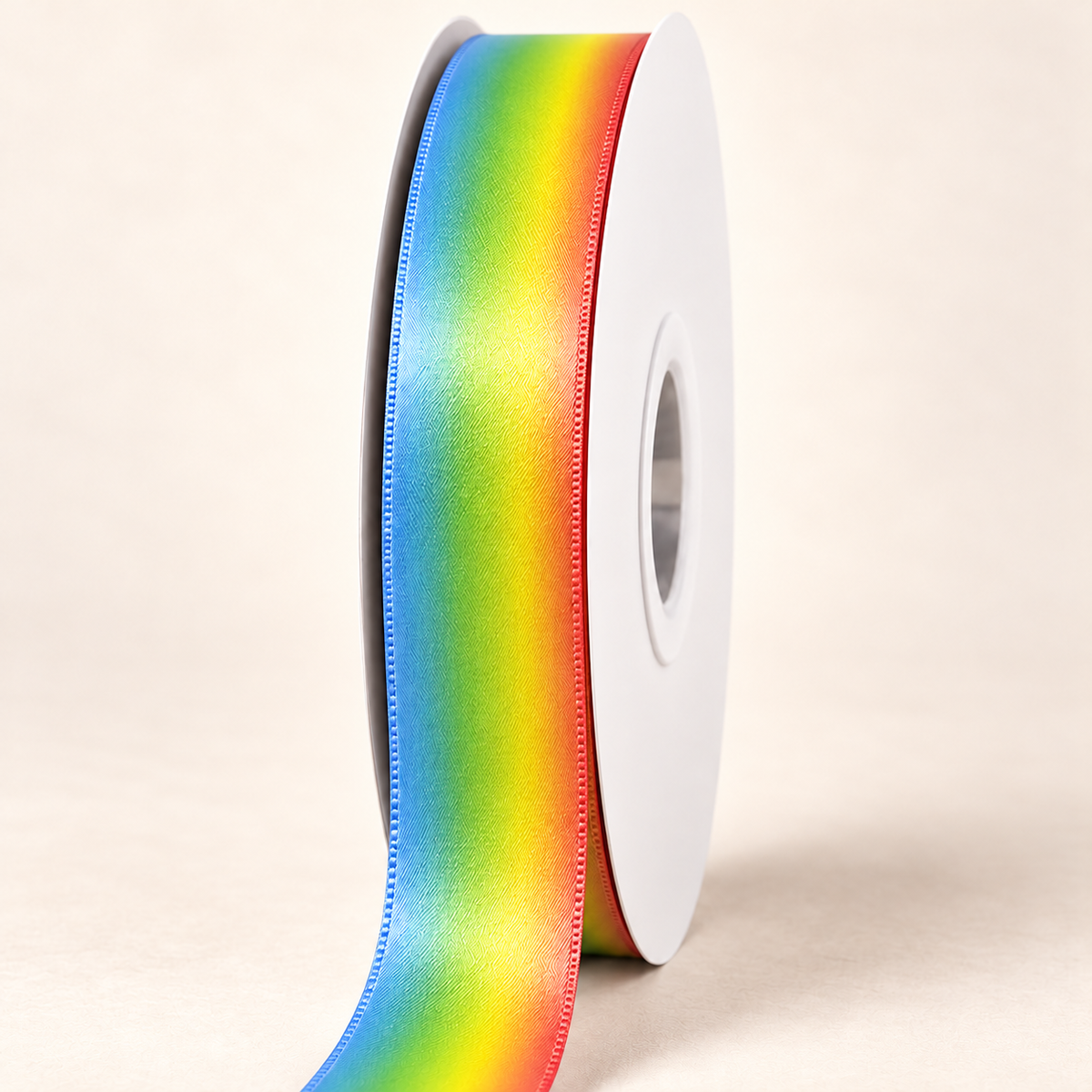 Rainbow Hawaiʻi — 22 mm satin ribbon on a white roll against an ivory background