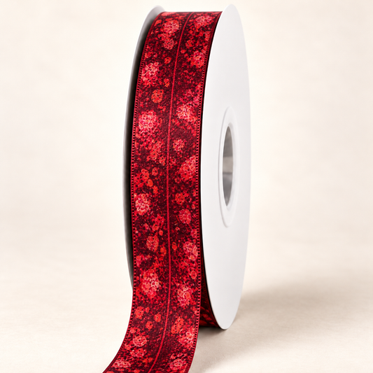 Red Croton Double-faced Satin Ribbon — 22 mm satin ribbon on a white roll against an ivory background