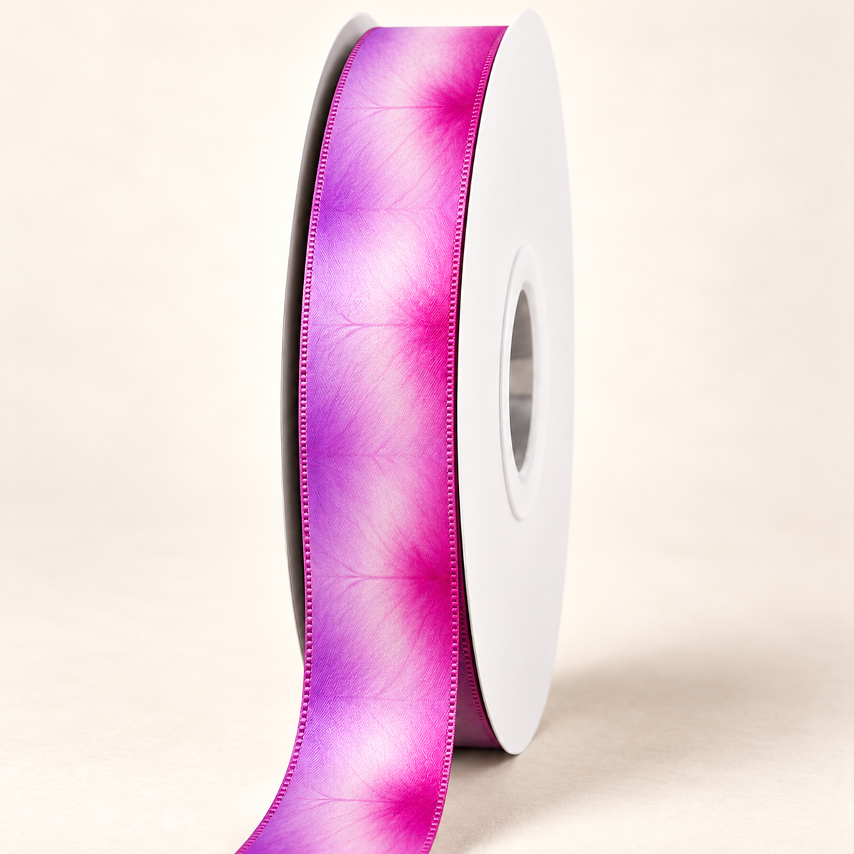 Twilight Orchid Double-Faced Satin Ribbon — 22 mm satin ribbon on a white roll against an ivory background