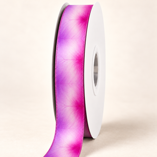 Twilight Orchid Double-Faced Satin Ribbon — 22 mm satin ribbon on a white roll against an ivory background