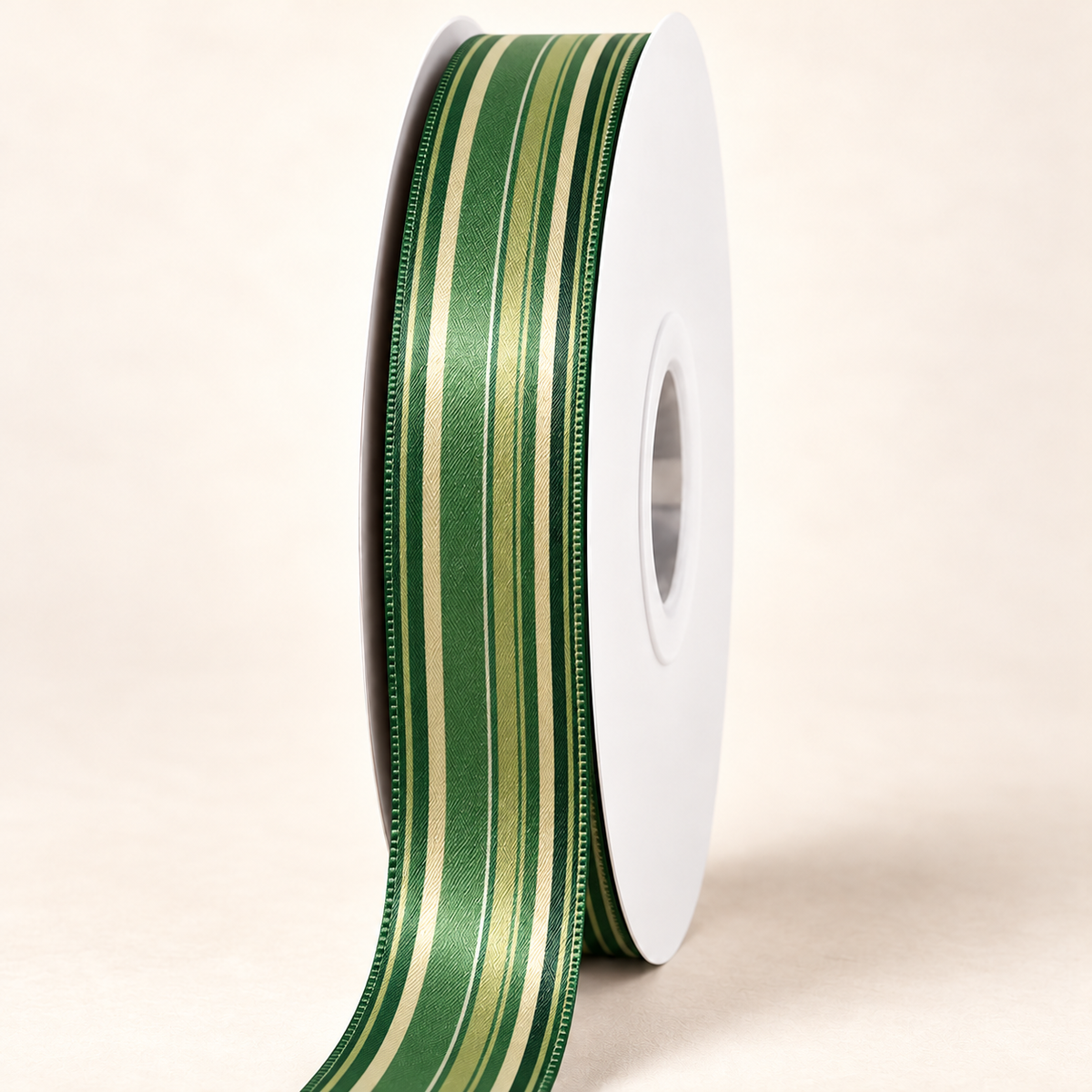 Verdant Vein Double-Faced Satin Ribbon — 22 mm satin ribbon on a white roll against an ivory background